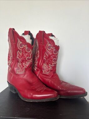 Cherry Red Embroidered Leather Cowboy Boots